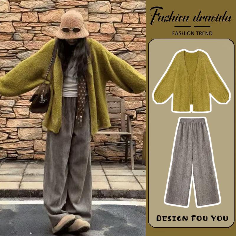 2025 Spring/Autumn Women s Green Knit Maternity Cardigan & Wide-Leg Pants Set M