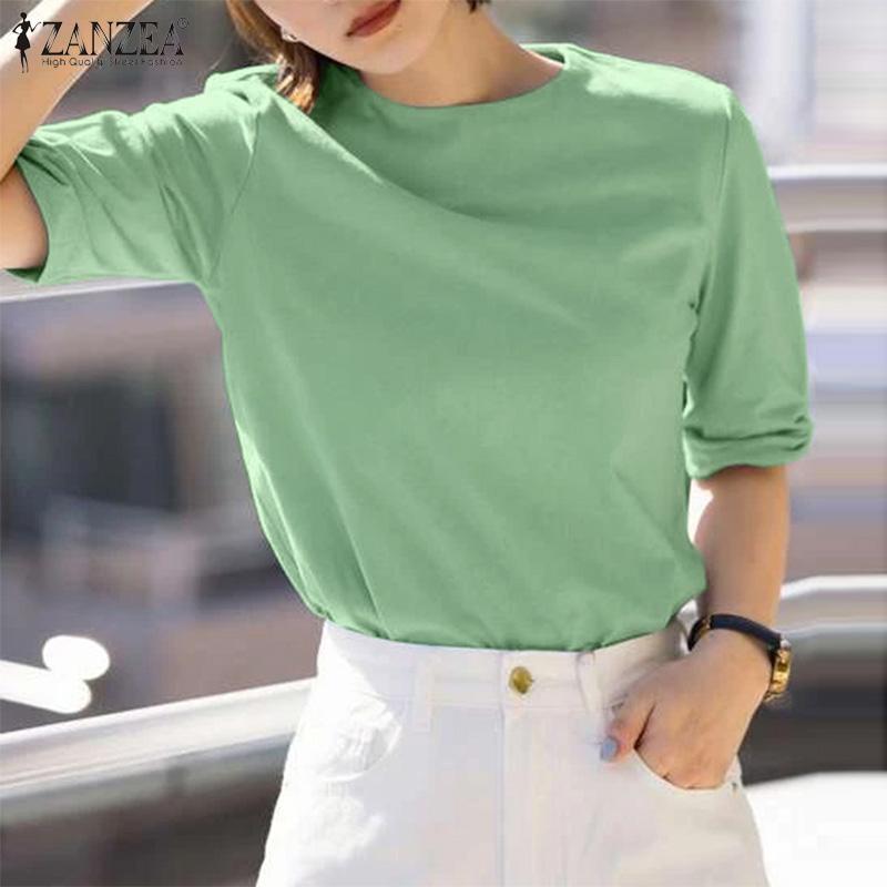 

ZANZEA Женская повседневная однотонная свободная блузка с круглым вырезом и рукавом средней длины 3XL зелёный