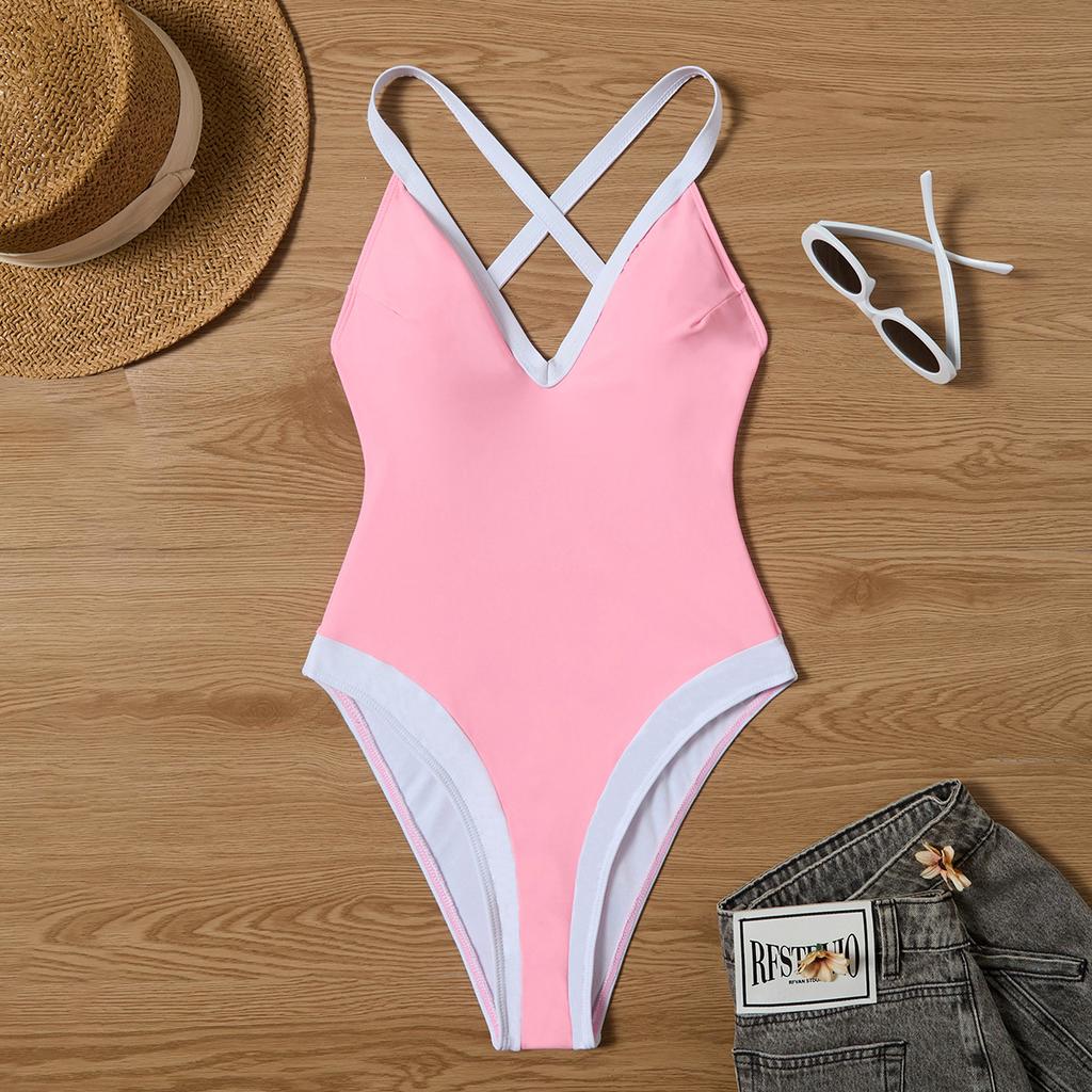 Damen Farbblock Kontrastbesatz Tiefes V Halter Einteiler Badeanzug Hoher Schnitt Schlank Bauchkontrolle Monokini Badeanzug