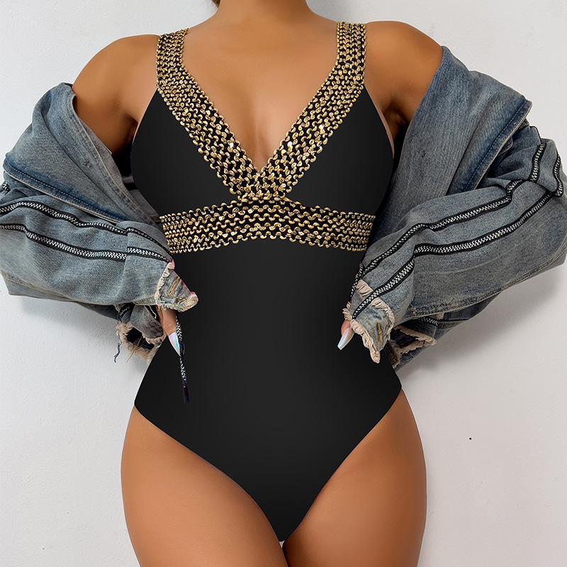 2024 Lebendiger Mehrfarbiger Tief V Spaghetti-Träger Einteiliger Badeanzug