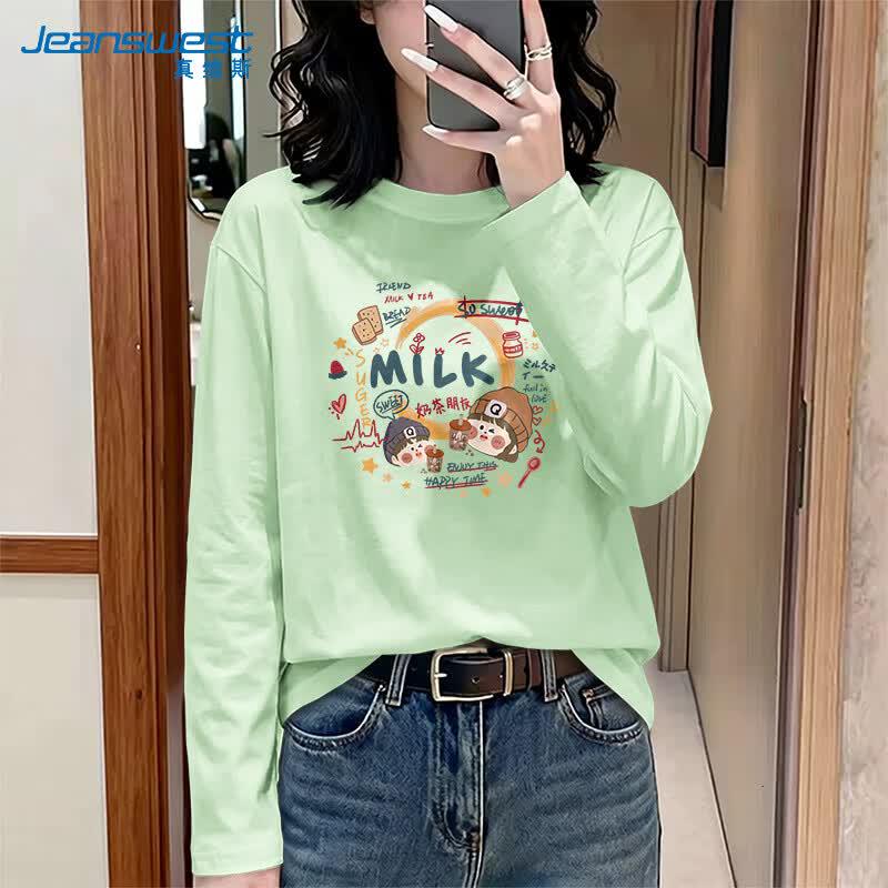 Jeanswest Women's "Romance of Milk Tea" Print Long Sleeve Pure Cotton T-Shirt