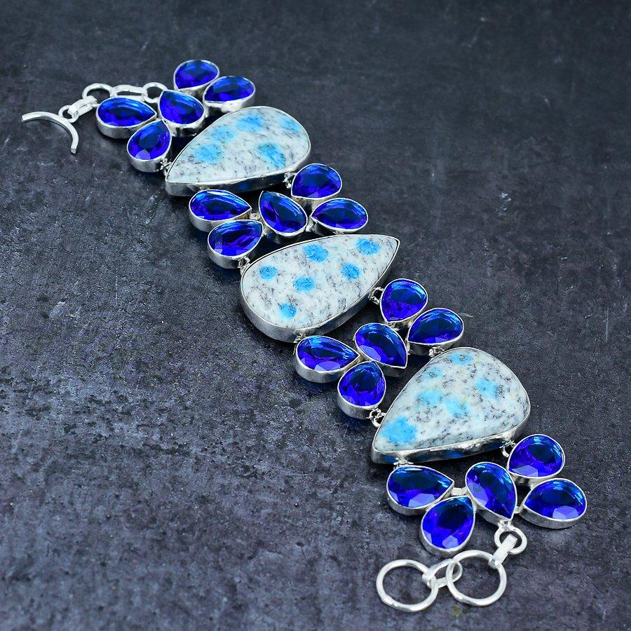 Natural K2 Blue Azurite, Topaz Gemstone 925 Sterling Silver Bracelet 7-8" T0E79