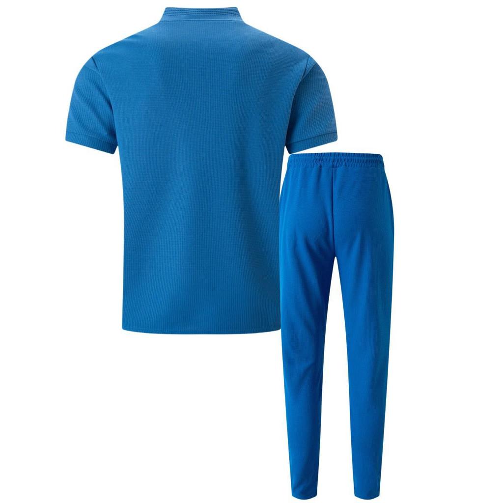 Summer 2025 Men's Waffle Knit Stand Collar Zipper Top and Long Pants Set - European & American Style