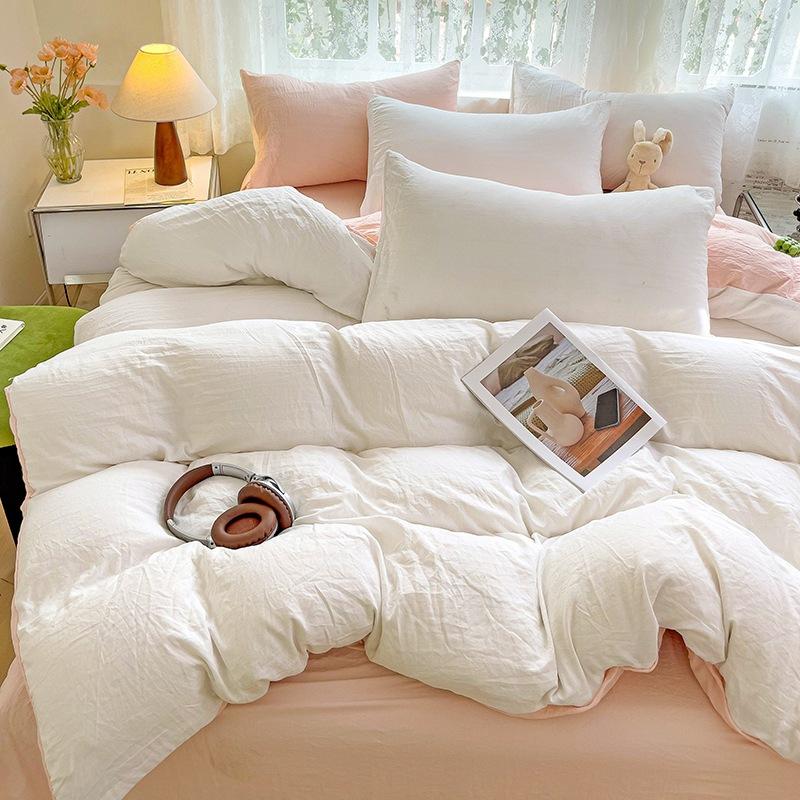 Super Soft Bed 4Pcs Set, Pure Washed Cotton Quilt Cover, Bed Sheet Full Quilt Cover, Bed Hat Student Three 4-Piece Set
