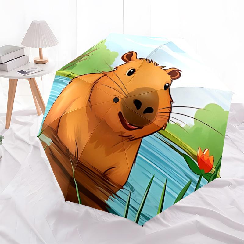 1pc Capybara, Nature Automatic Umbrella - Stylish, Durable, with 8-Rib Manual Open Design, Elegant Black Handleyy250920208