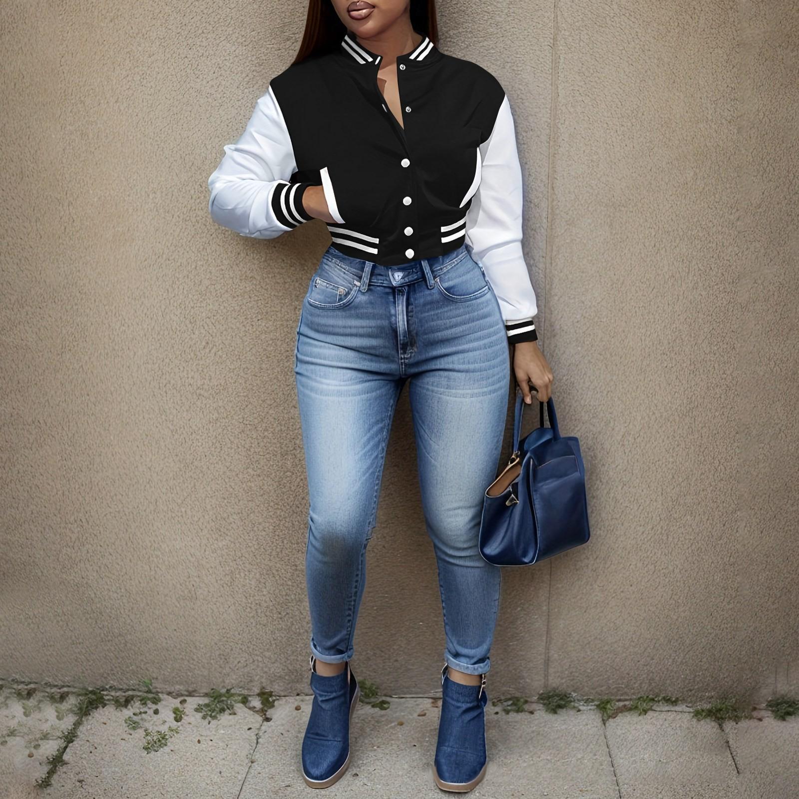 Женская Модная Короткая Приталенная Цветная Сшитая Куртка Однобортная Бейсбольная Одежда Спортивная Куртка Толстовка L