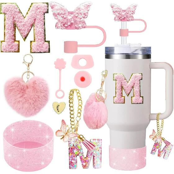 9PCS Accessory Set for Stanley Cup 30oz 40oz Butterfly Straw Cover Cap Silicone Boot Charm Initials Sticker Spill Proof Stopper Cup Holders 5