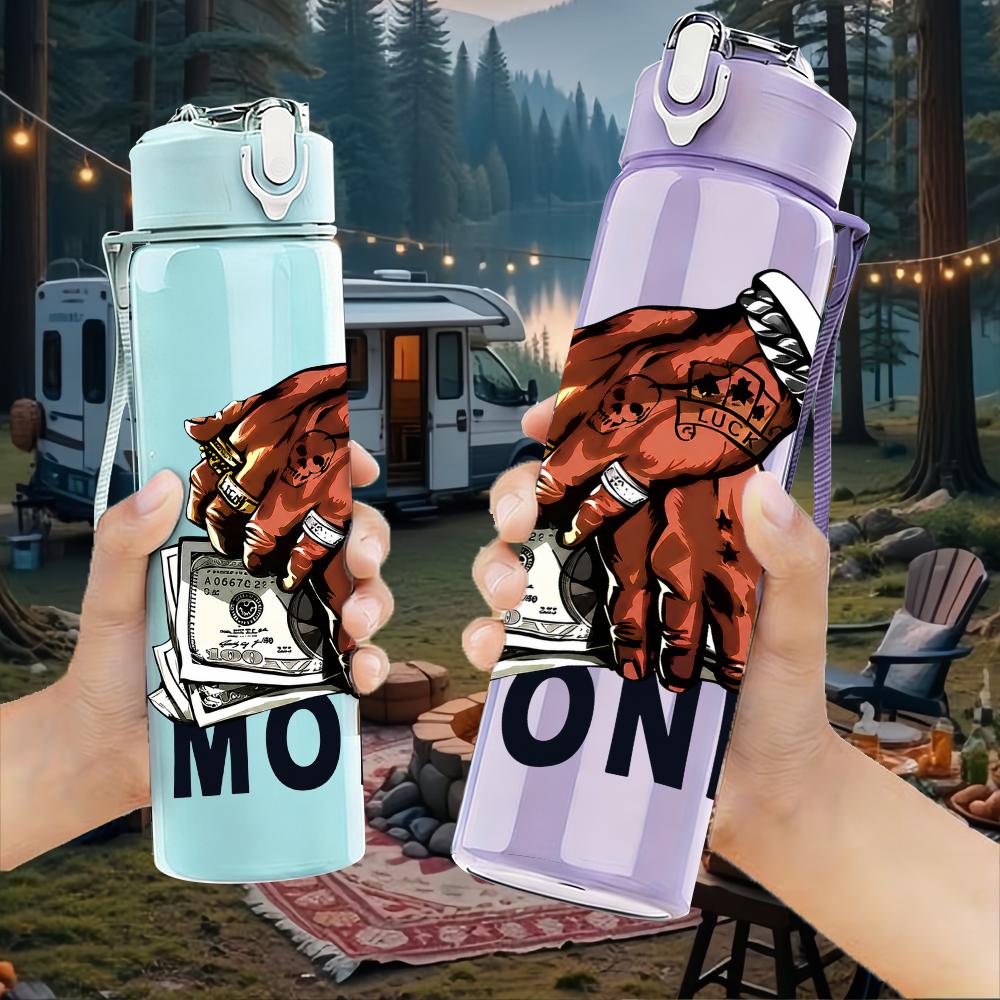 1PC Stacked Cash Money Graphic 750ml Color Plastic Water Bottle Leakproof Flip Straw Lid For Sports Office Home Use