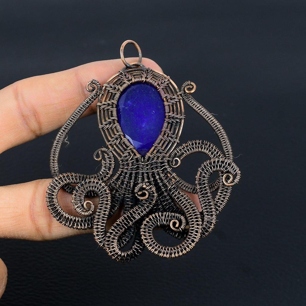 Blue Sapphire Pendant, Handmade Gemstone Pendant, 999 Copper Wire Wrapped Pendant Antique Jewelry, For Engagement Gift
