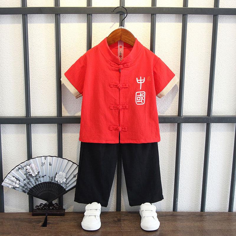 Completo Estivo da Ragazzo a Maniche Corte Stile Cinese per Bambini Hanbok Bello Completo Tang Cotone Lino Sezione Sottile di Abbigliamento Antico