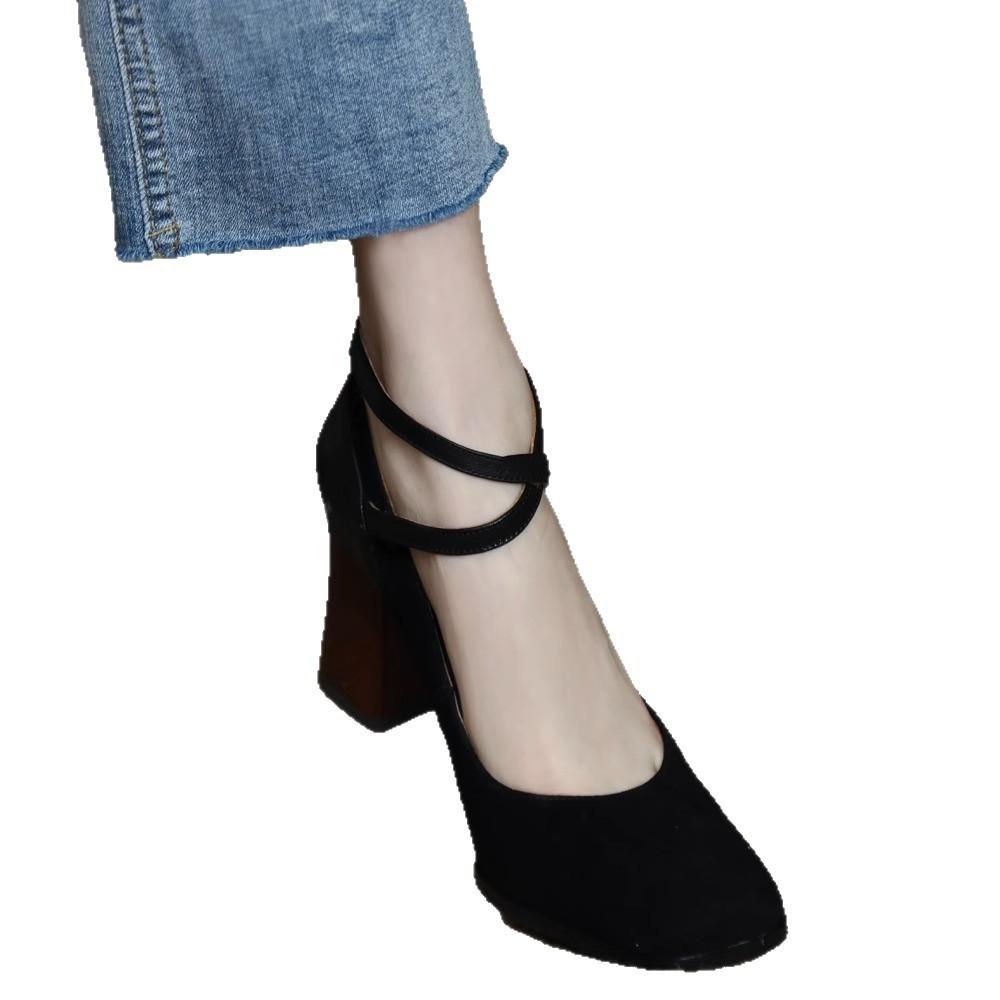 Chengdu style ~ retro leather nubuckle splicing small square toe cross buckle single shoes women's spring thick heels high heels