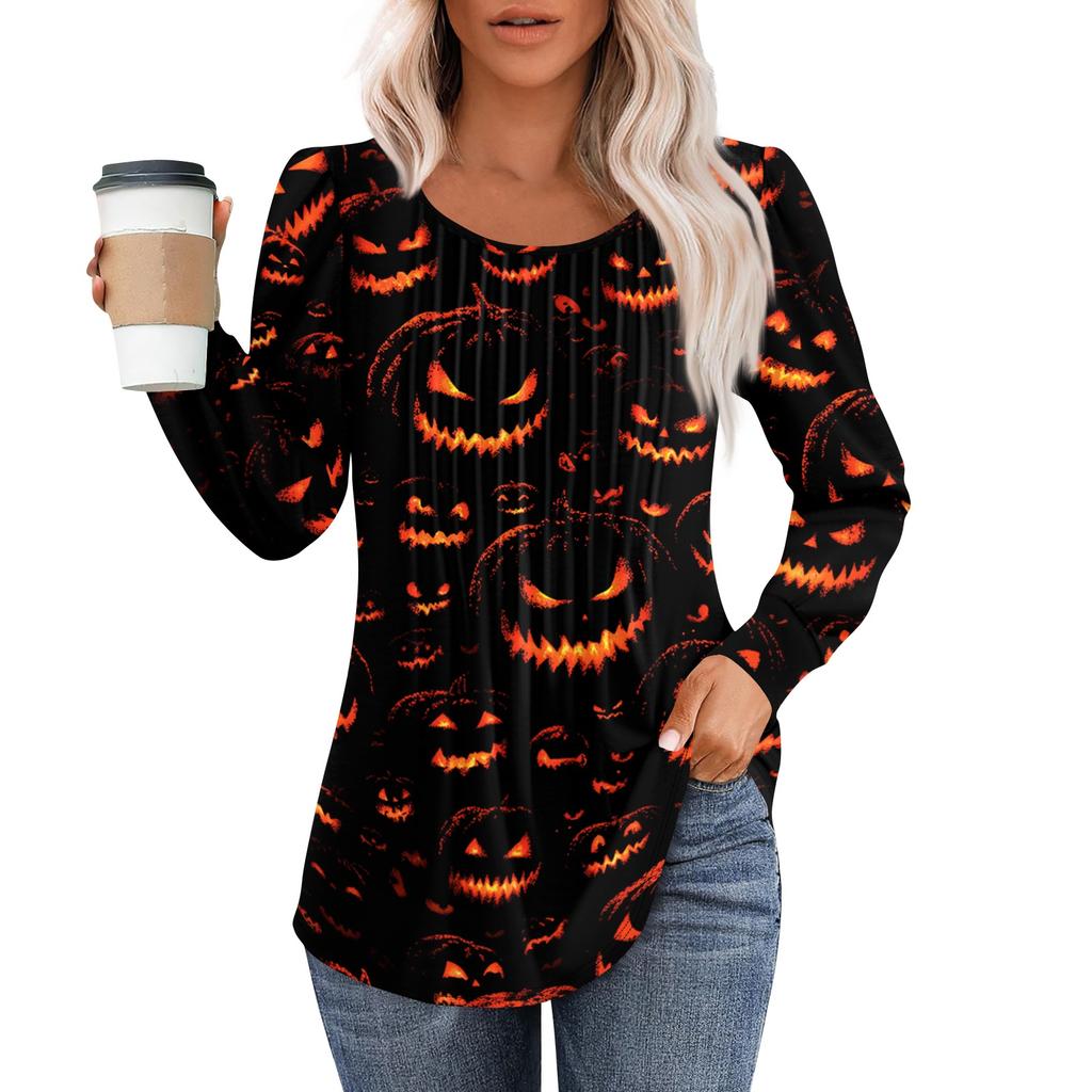 Women's Casual Long Sleeve T-Shirt Pleated Round Neck Halloween Pumpkin Print Top Lightweight Comfortable Fit