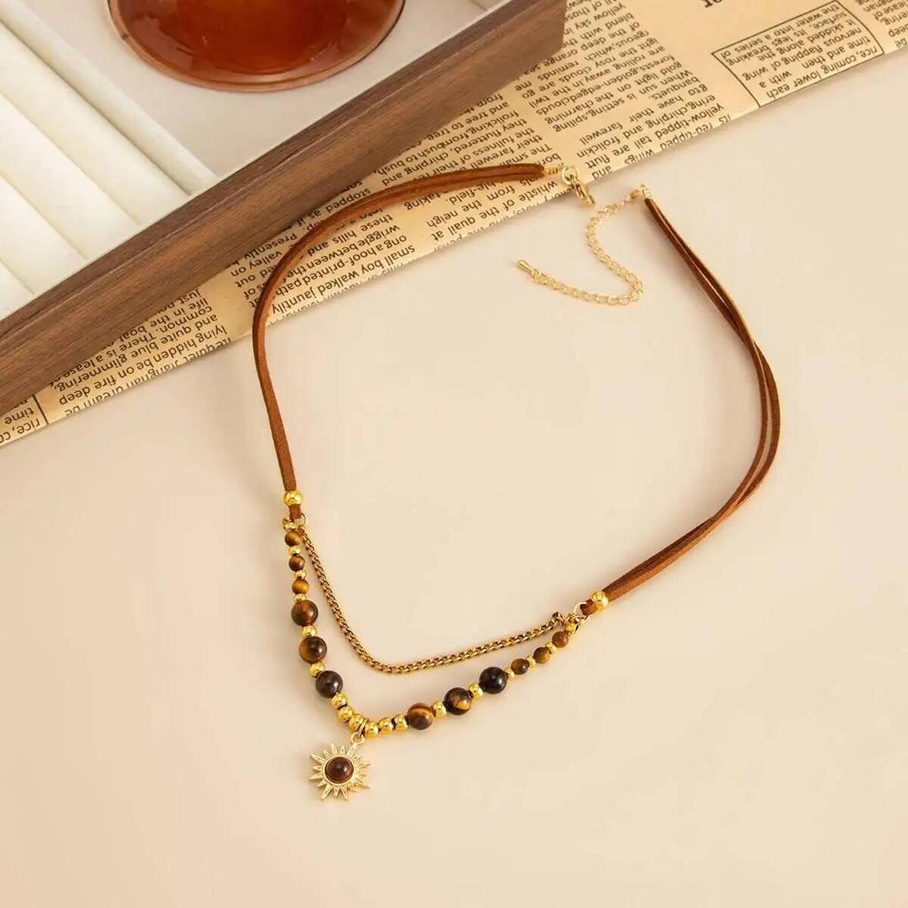 SHIXIN Vintage Brown Stone Beaded Choker Necklace for Women Exquisite Gold Color Sun Pendant Necklace New Year Clavicle Jewelry