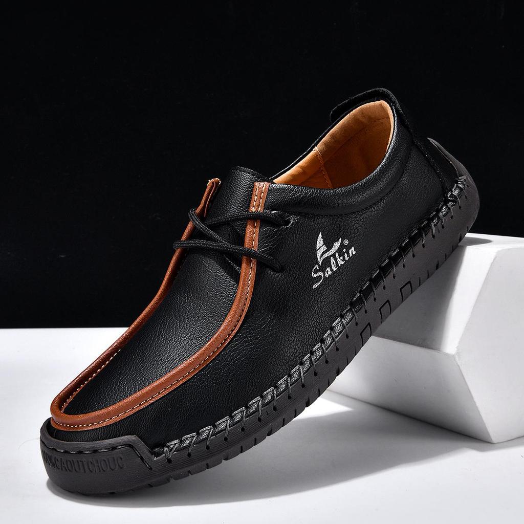 Men's Hand-stitched Leather Slip-on Loafers - Outdoor Casual Flat Shoes, Low-top & Large Size.