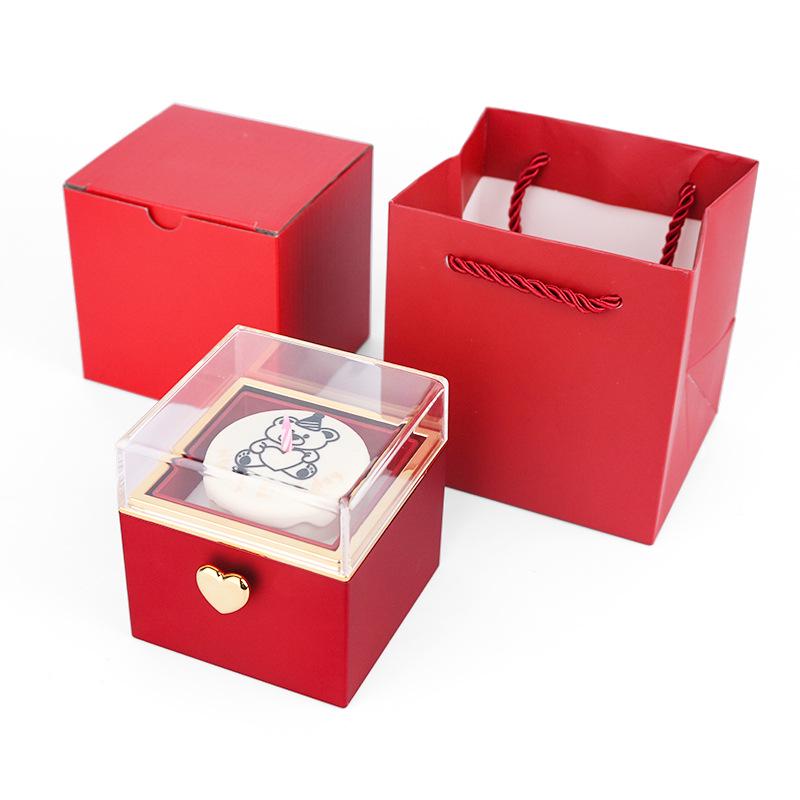 Luxury Rotating Acrylic Jewelry Box with Preserved Rose, Teddy Bear, and Birthday Cake Design