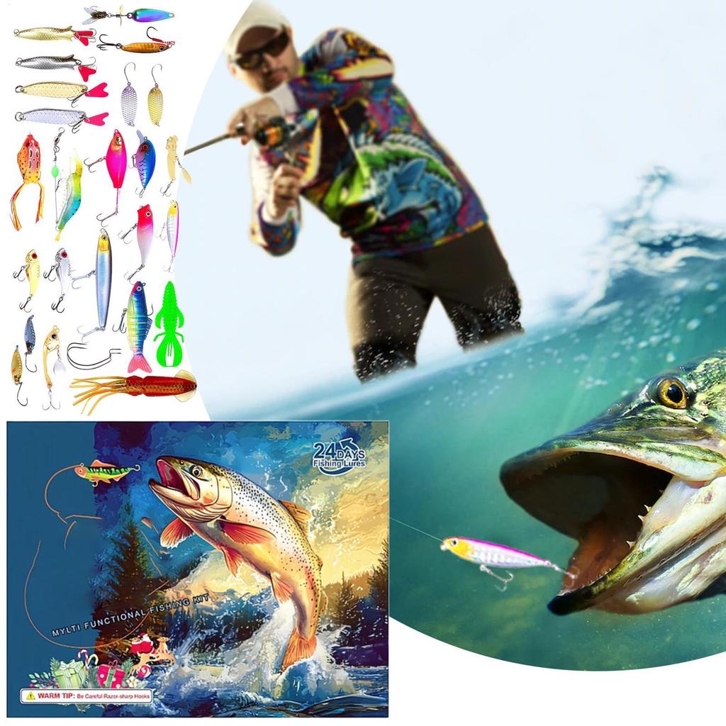 Fishing Christmas Calendar 24 Days Christmas Fishing Tackle Countdown Stocking Stuffers Holiday Party Favors Fish Accessories