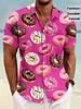 Men'S Fun Donut Shirt Full Button Front, Non- Fabric, Pink Donut Pattern Shirt Birthday Party Novelty Outfit, Dessert Lover Gift Machine Washable