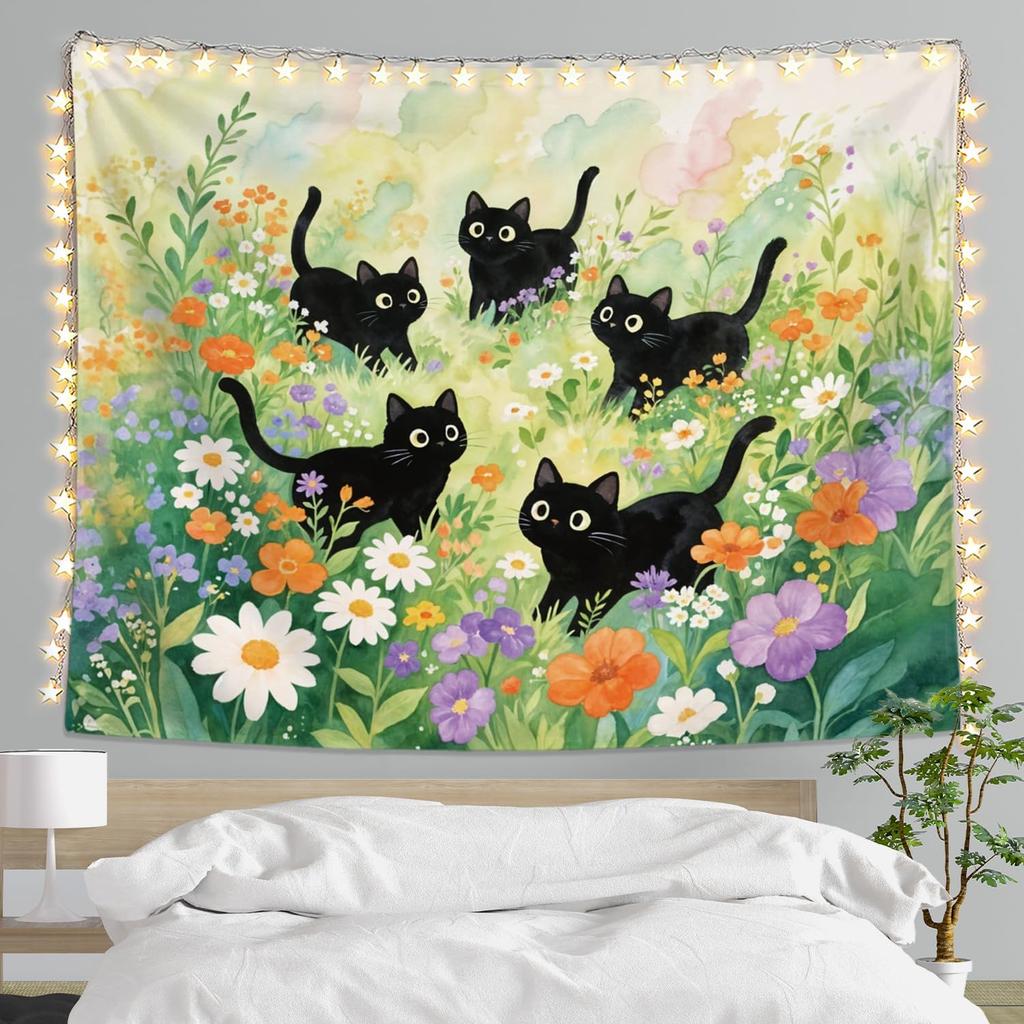 Funny Cat Tapestry for Bedroom, Cute Black and White Tapestry Anime Tapestry Wall Hanging with, Gifts for Cat Lovers, Cats Wall