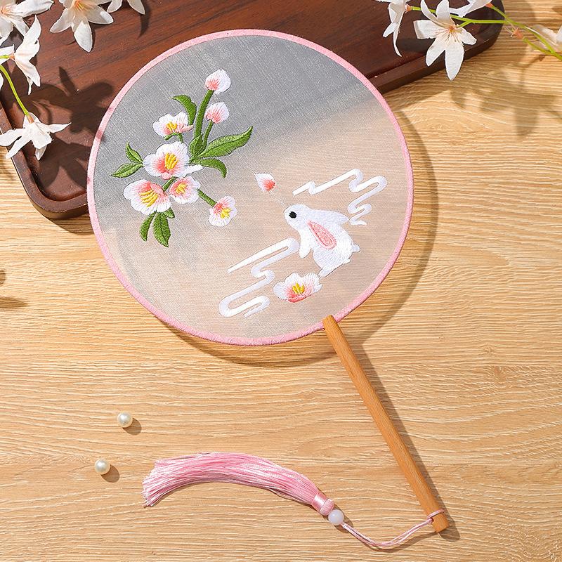 China Fan  Semi-Transparent Long Handle Tassel Dance Fan Female Costume Hanfu Cheongsam Embroidery Small Round Fan