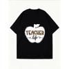 White Oversized T Shirt With Teacher Life Leopard Print Apple Design For Casual Wear And School Events