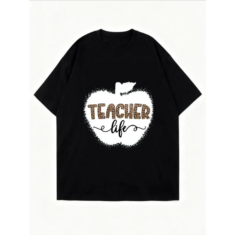 White Oversized T Shirt With Teacher Life Leopard Print Apple Design For Casual Wear And School Events
