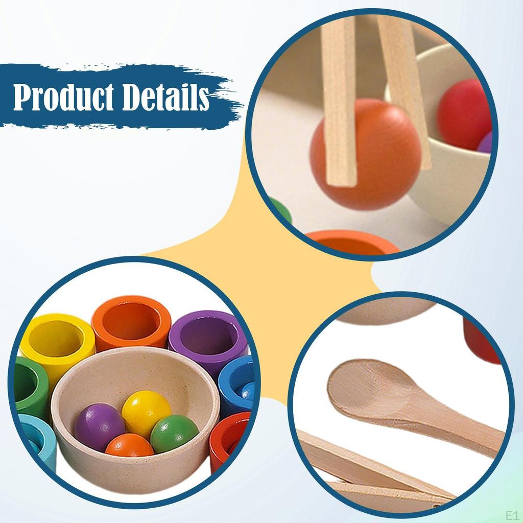 Color Sorting Toys Rainbow Balls in Cups with Tongs and Spoon for Kids Fun Learning Activities