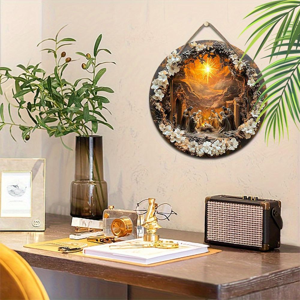 5pcs Nativity Scene Wooden Sign 2D Flat Relief Effect of Jesus, The Son of God Round Sign for Front Door Wall Hanging Decor Ideal Christmas Gift for