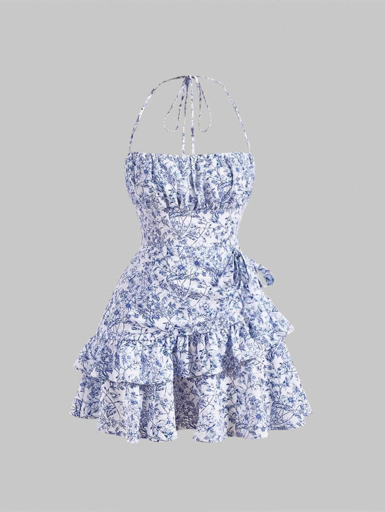

Girls Fashionable Floral Spaghetti-Strap Tiered Dress For Summer XL синій