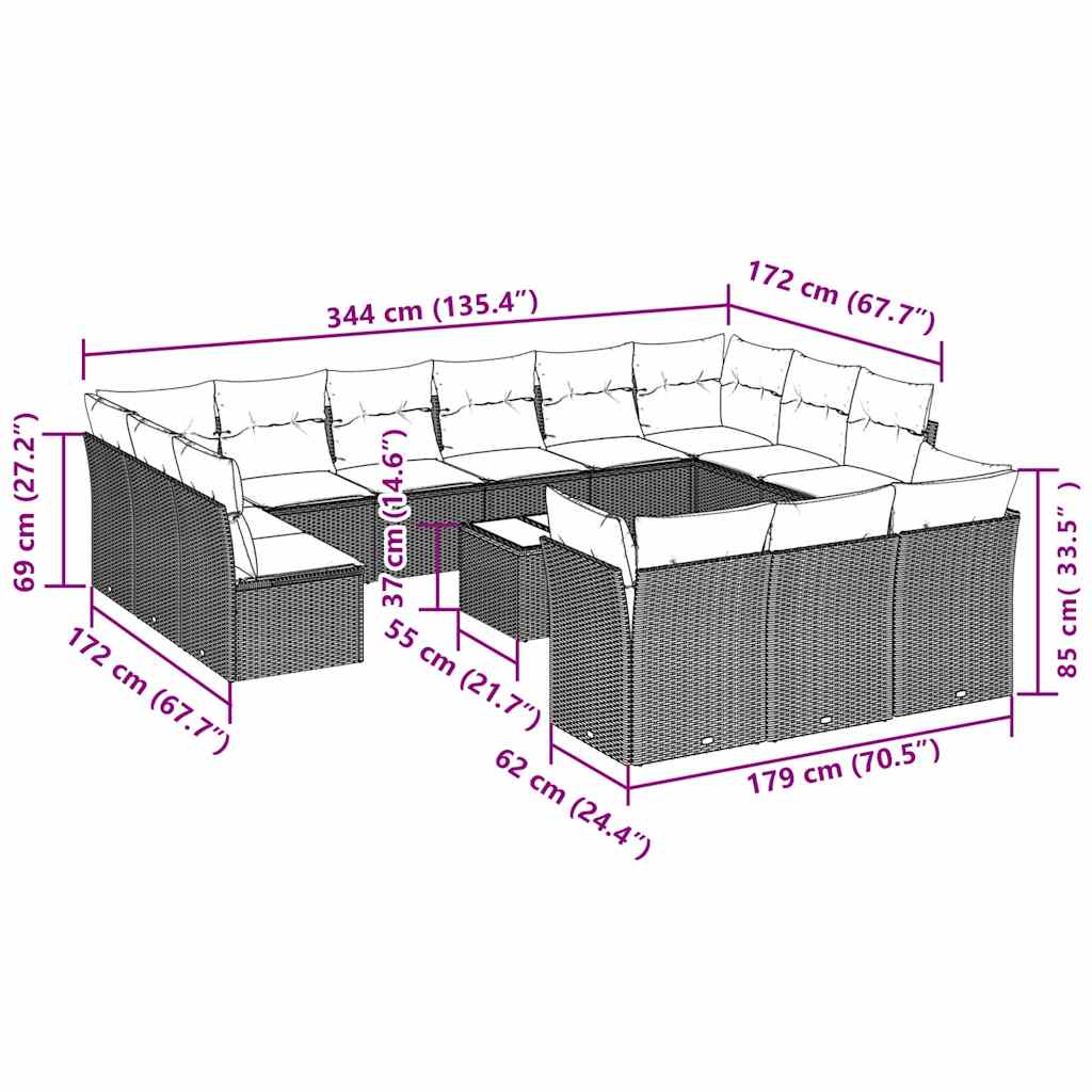 14 pc Garden Sofa Set with Cushions Black Poly Rattan