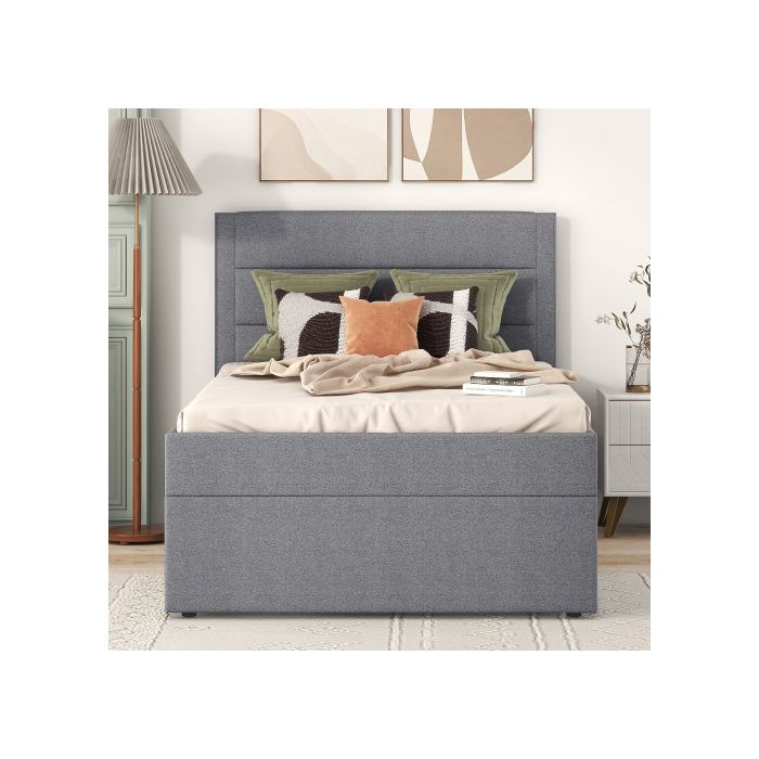 Pat tapițat - MUVOE - 90 x 200 cm - Gri - Spațiu mare de depozitare - Fără saltea