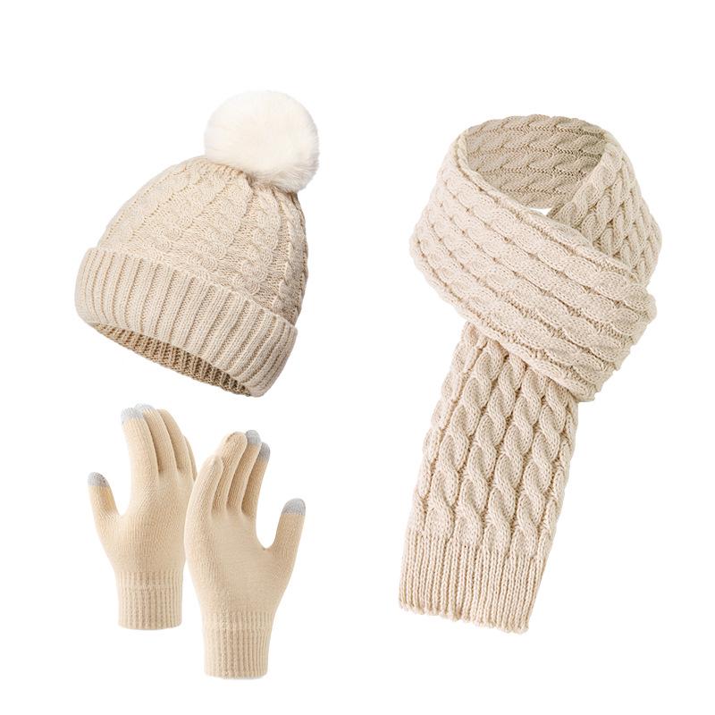 European Winter Knit Wool Hat, Scarf & Gloves Set