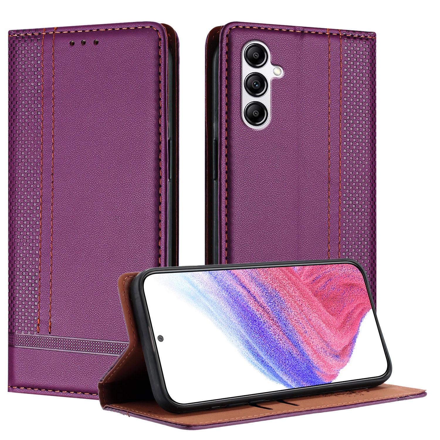 

For Samsung Galaxy A14 5G Case L-Shaped Grid Pattern Leather Stand Phone Cover with Card Slots Purple
