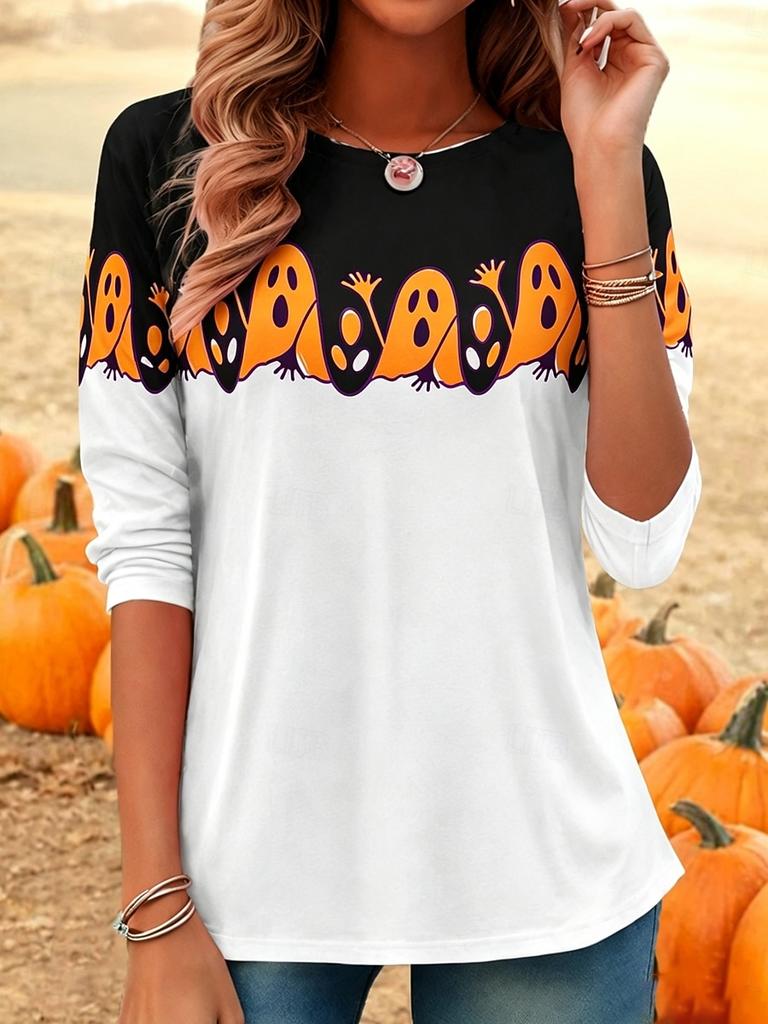 Women Halloween Ghost Printed T-Shirt Long Sleeve Crewneck Loose Tops Casual Orange White Graphic Party T-shirt Women Clothing