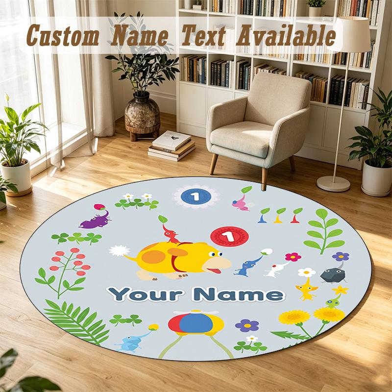 Pikmin Personalized Round Rug Support Custom Name, Soft Home Decor Mat