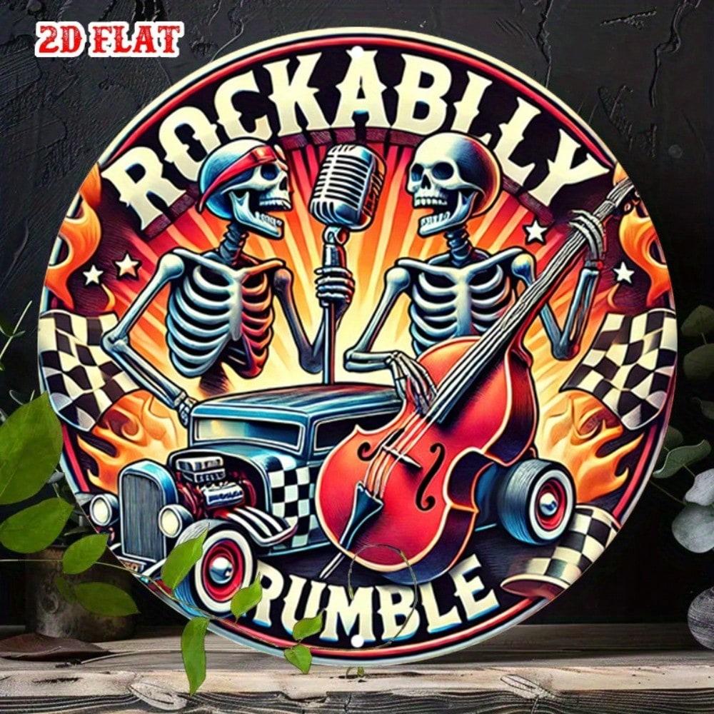 Vintage Rockabilly Rumble Metal Sign 20cm Retro Garage Home Decor Round Tin Plaque