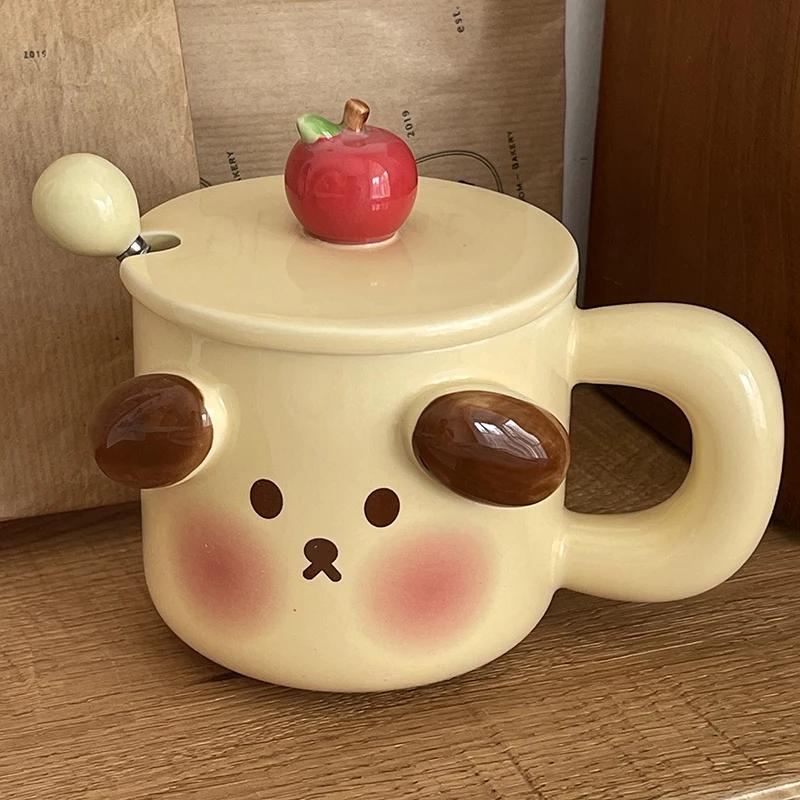 Mark Cup Cute Cartoon with Cover Spoon Couple Ceramic Men and Women Creativity Gift Birthday Hand Gift Boxed Water Cup 400ml 1Pc