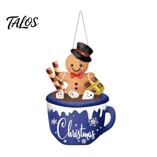 Seasonal Party Hanging Sign Christmas Wooden Sign, Cute Gingerbread Man Hot Cocoa Mug Welcome Door Xmas Holiday Home Decor Hanger for Indoor
