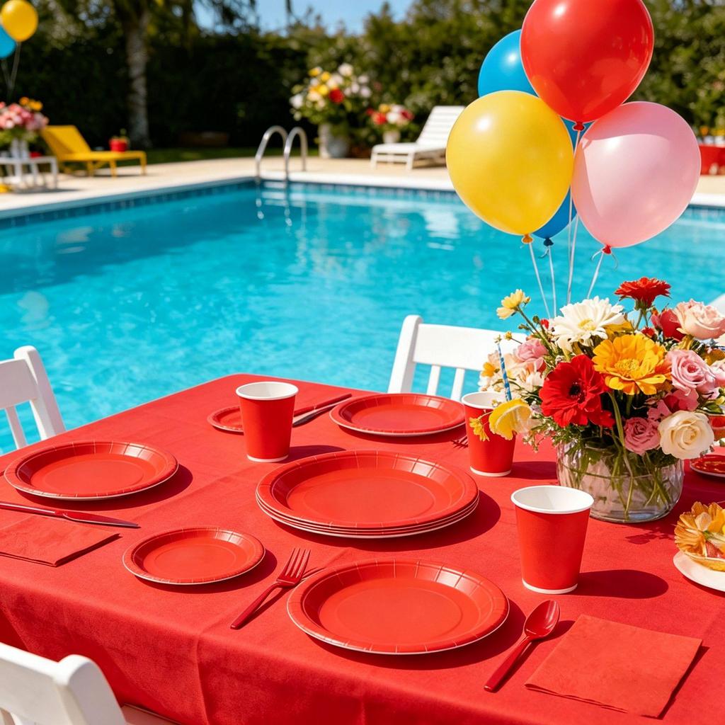Red Birthday Party Disposable Tableware Set: Plates, Knives, Forks, Spoons, Tablecloth.