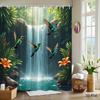Hummingbird Waterfall Shower Curtain Tropical Birds, Lush Greenery & Orange Flowers, Nature Art Bath Curtain for Home Decor