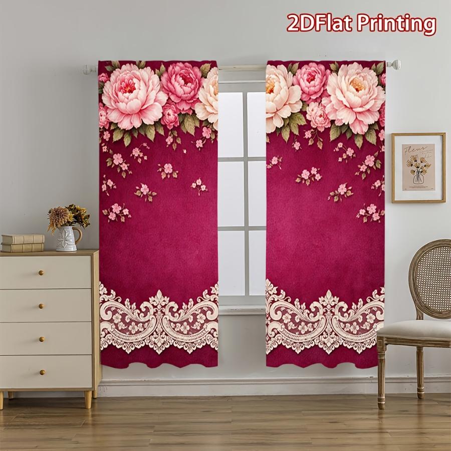 2PCS Digital Printed Curtains, Rose Pink Peony Pattern, Elegant Luxurious Style for Living Room Bedroom Apartment Home Decor