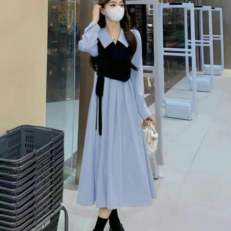 New Spring Autumn French Retro Hepburn Style Lapel Patchwork Long Sleeved Fake Two-piece Dress for Women