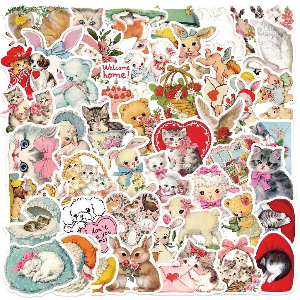 50Pcs Vintage Animals Clipart Stickers Cat Rabbit For Laptop Scrapbook Waterproof Cartoon Graffiti Decals Cute Sticker Toys