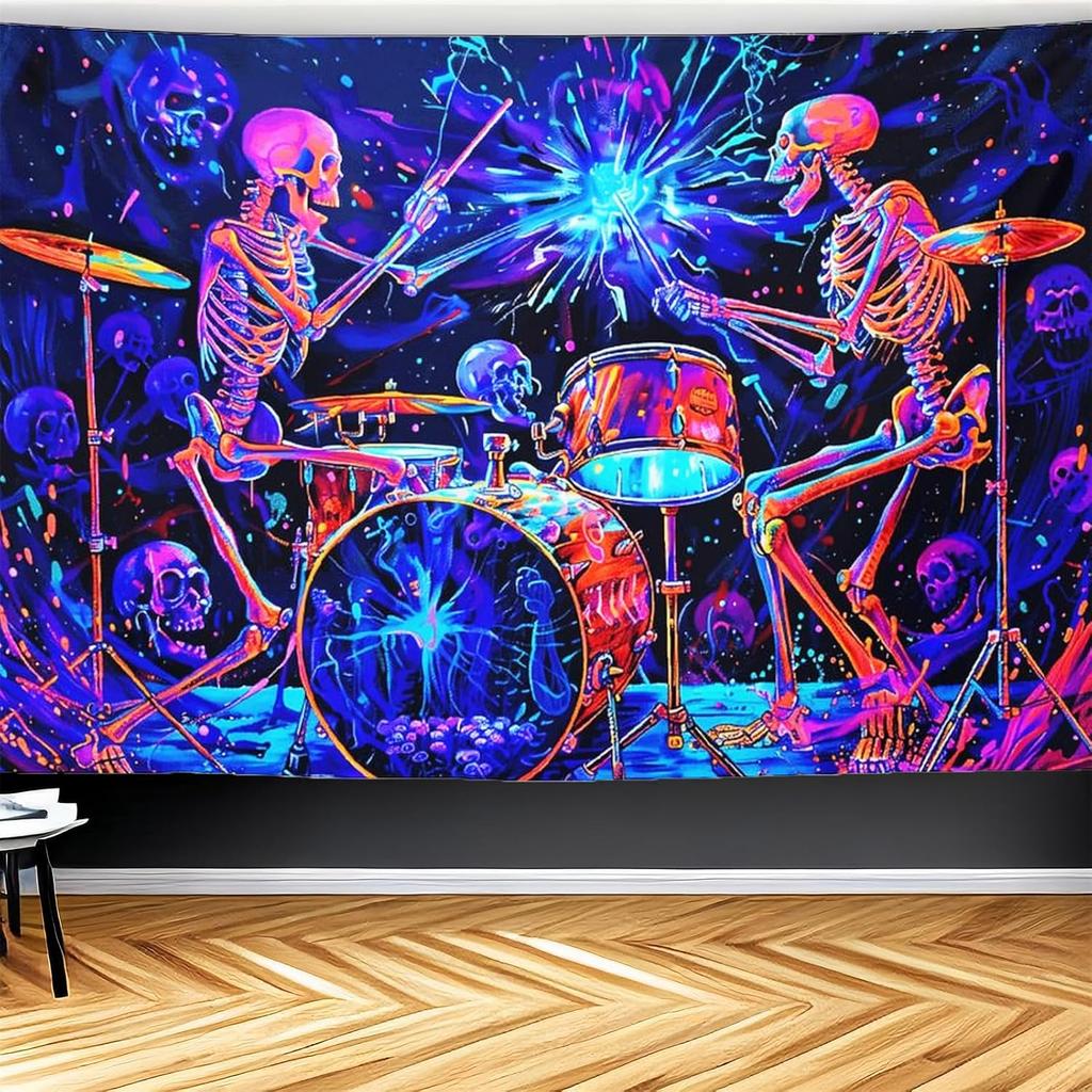 CJSLIFEART Blacklight Skull Tapestry Percussion Small Concert Fluorescent Starry Sky Bedroom Tapestry Background Wall Decoration