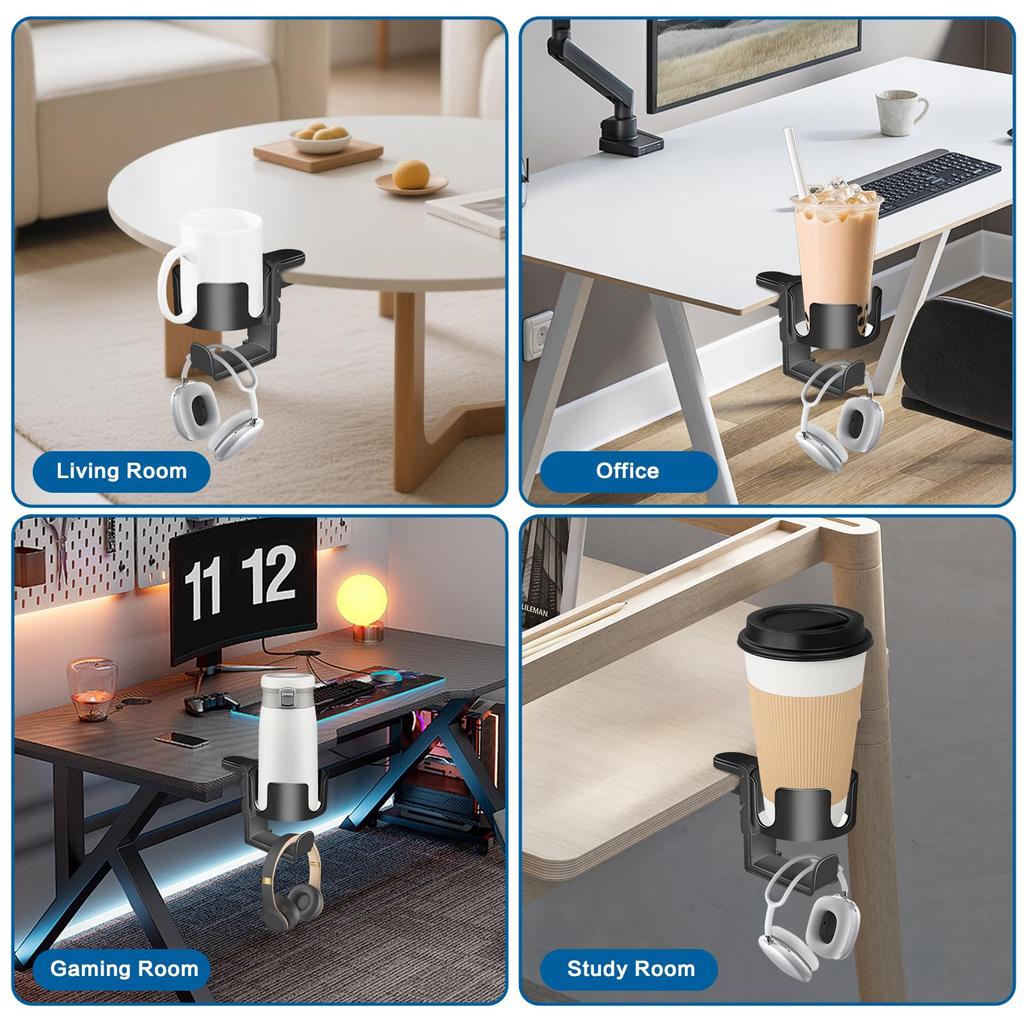 Drink Holder Table Headphone Holder Under Desk Headset Holder 360 Degree Rotating Headphone Stand Detachable Cup Holder Organizer Drink Holder Table
