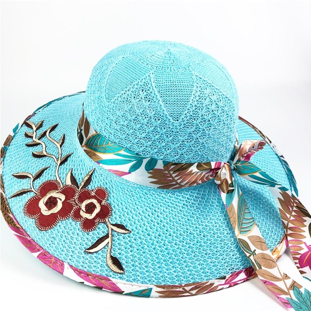 Foldable Flower Embroidery Hat Wide Brim Panama Hat New Straw Beach Cap  Outdoor Casual