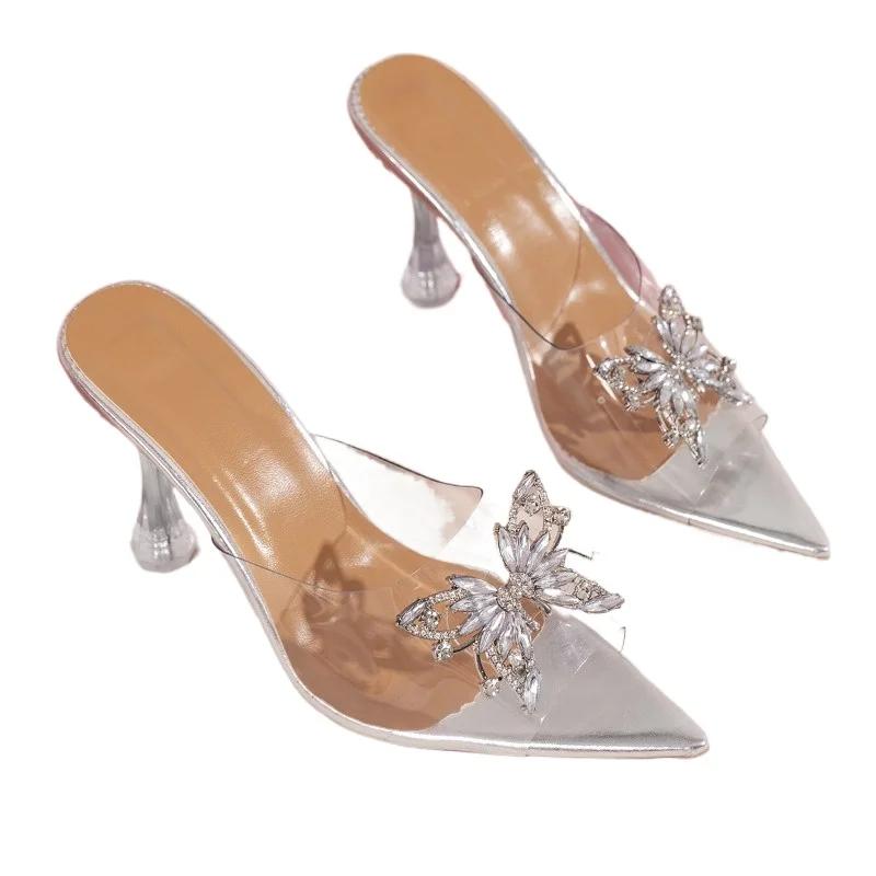 Fashion 2025 New Pointed Toe Rhinestone Bow Transparent Crystal Heel Butterfly-knot Stiletto Sandals Women Wide Sizes Shoes for Women