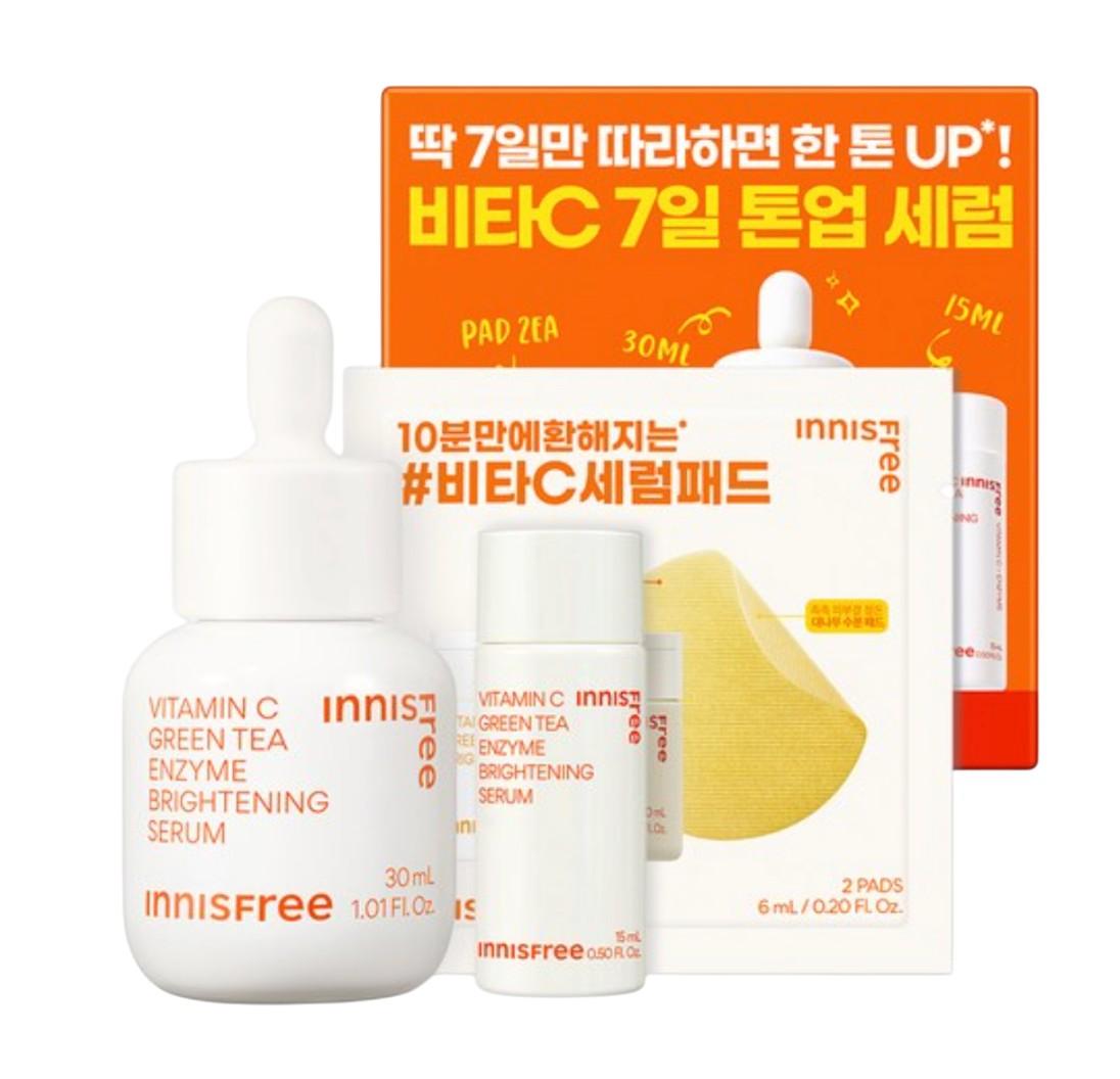 Innisfree Vitamic C Green Tea Enzyme Brightening Serum Set  (30mL + 15mL + 2 Pads)