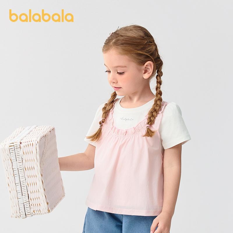 Balabala Children's Clothing Baby Short Sleeved Girls' T-shirt Children's Top Fake Two Pieces 2025 Summer New Cute and Sweet
