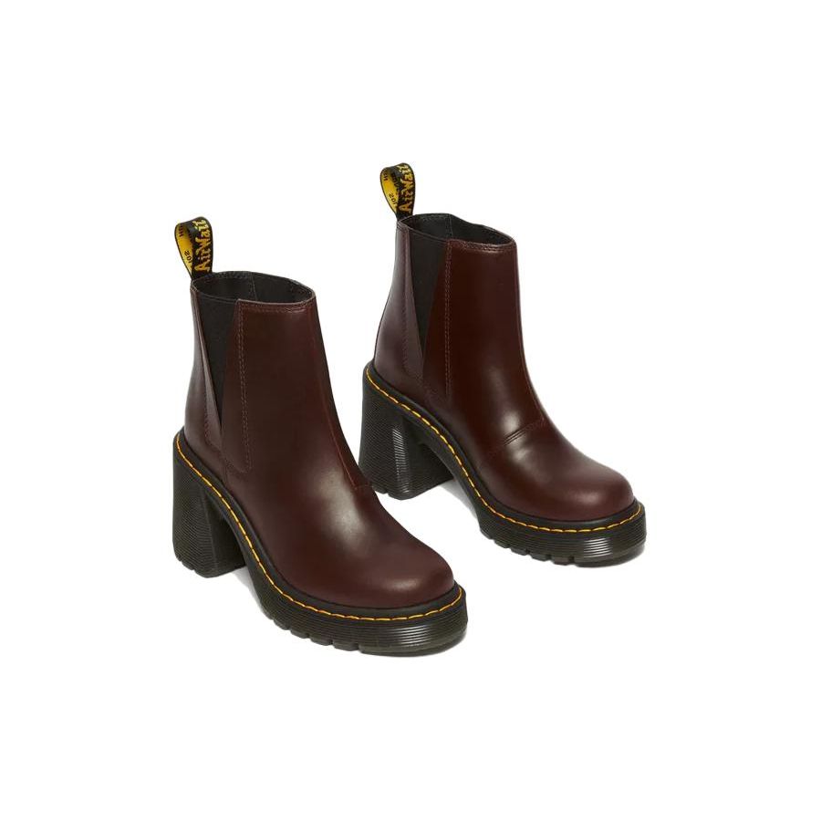 Dr. Martens Leather Round Toe Chunky Heel Short Chelsea Boots Women Boots Dark-Brown 31756201