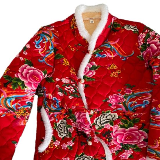 Dámské Zimní Bavlněný kabát Květinový potisk Bez rukávů Čínský etnický styl Barevně ladící Polstrovaný Tlustý plyš Teplý jednořadý dámský kabát větší velikosti